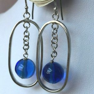 LARGE STERLING SILVER DROP BLUE GLASS EARRINGS